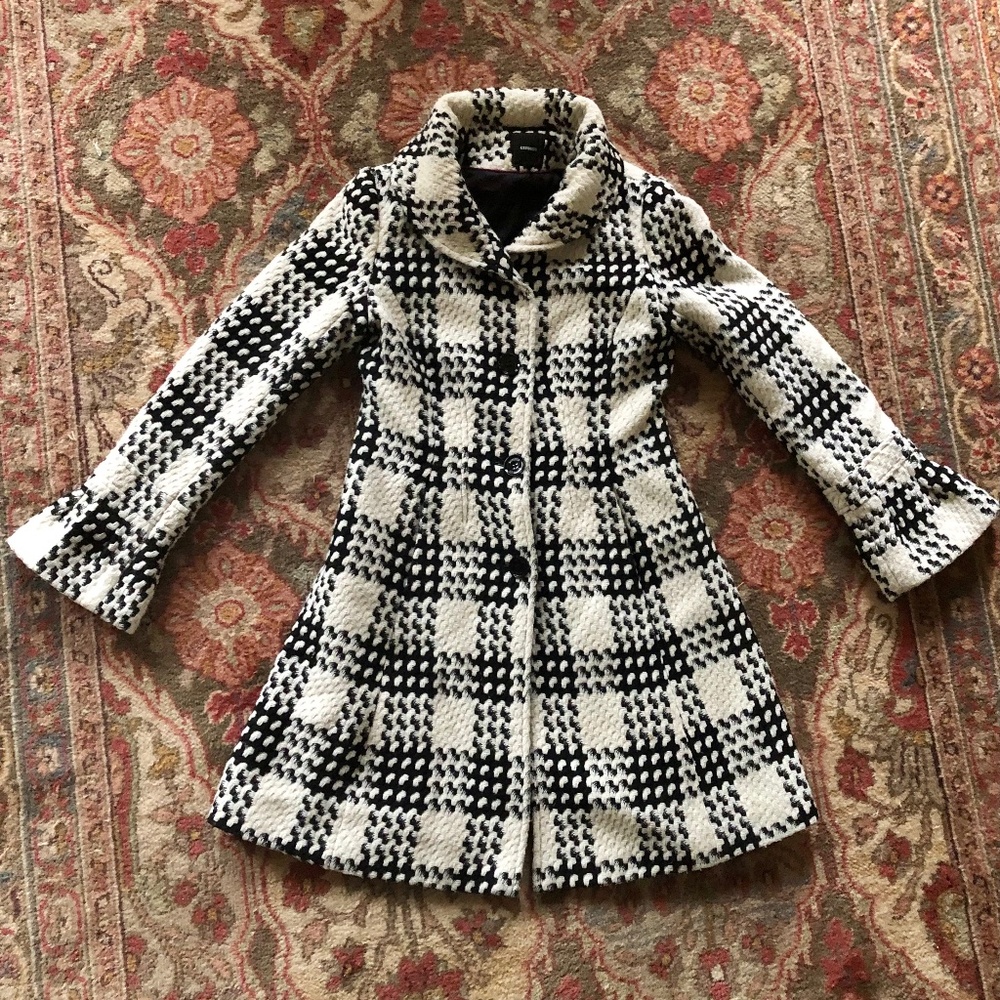 Express Black/White Plaid Long Flared Walking/Pea Coat - S
